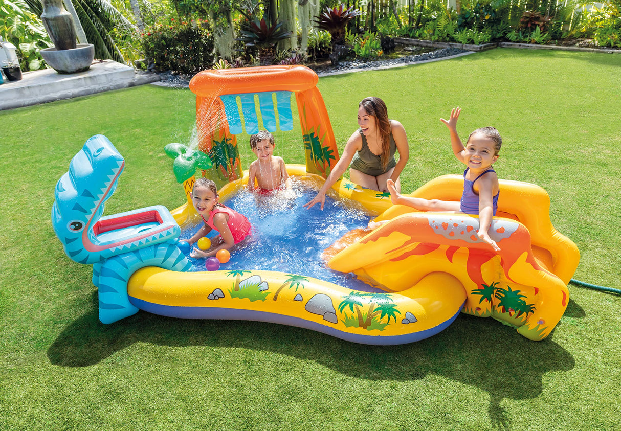 Intex Inflatable Dinosaur Play Center Outdoor Playhouse Inflatable Water Park with Kid Pool Slide, Water Sprayer, Waterfall, and 6 Balls, Multicolor Intex