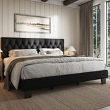 iPormis Upholstered King Size Bed Frame with Button Tufted Headboard, Linen Platform Bed with Thickened Support Legs, Noise-Free/No Box Spring Needed/Easy Assembly, Black iPormis