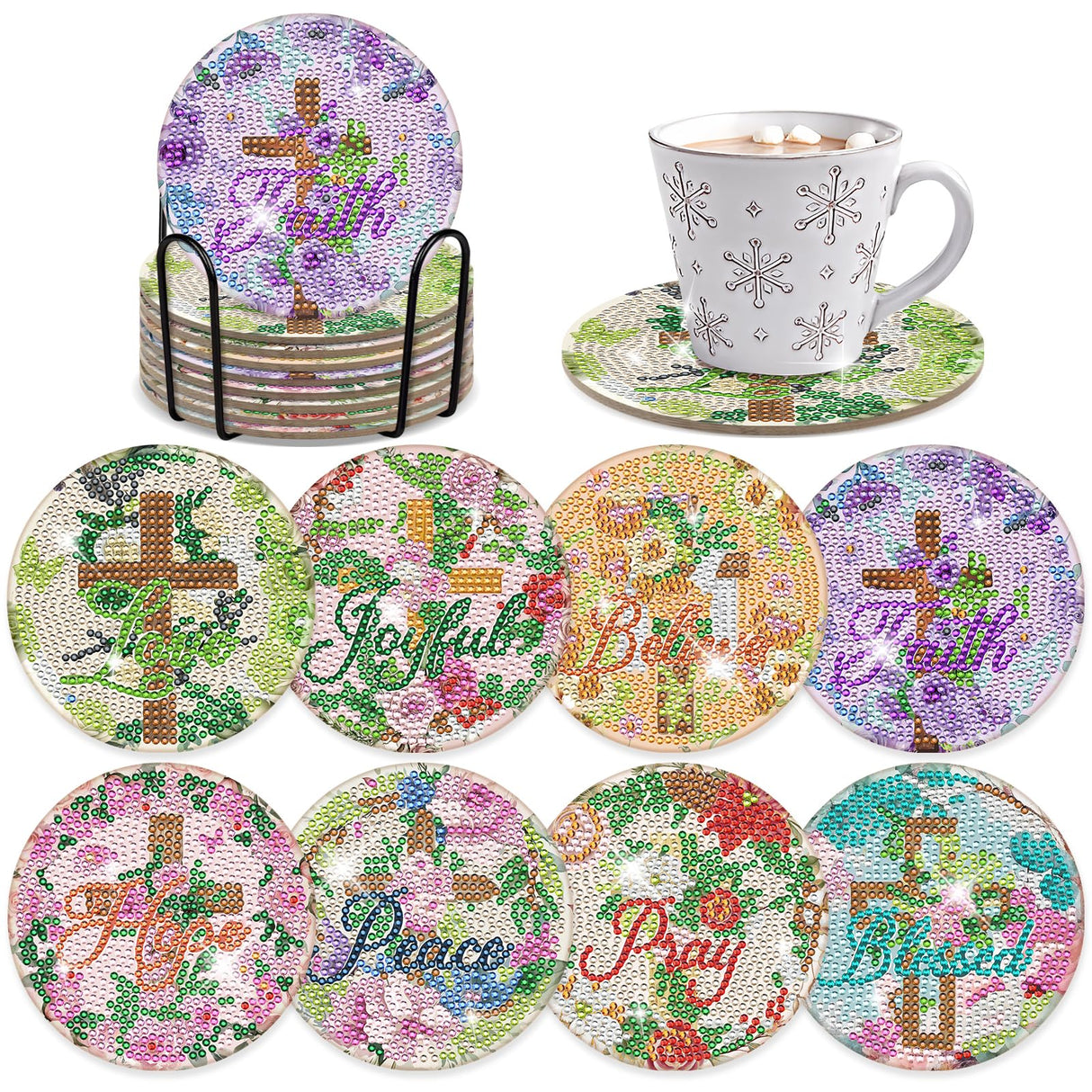 Diamond Painting Art Coaster Kit - 8 PCS Cross Christian Diamond Art Coaster Set With Bible Verse Religious Gem Art Coaster Non Slip Diamond Painting Kits Inspirational Gift for Adults Beginners Xmas INCOK