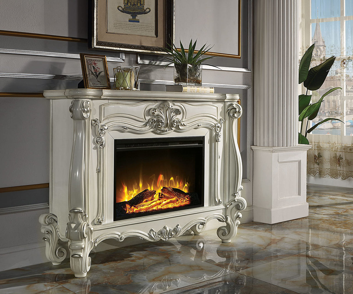 Acme Versailles Rectangular Carving Wooden Frame Fireplace in Bone White ACME Furniture
