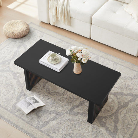 RUSTYER Rectangular Fluted Coffee Table, Farmhouse Wood Coffee Table Mid Century Modern Center Table Boho Living Room Tables for Living Room Office (Black, 19.69" D x 43.3" W x 17.72" H) RUSTYER