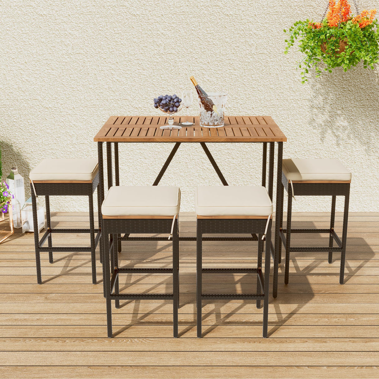 5-Piece VilroCaz Outdoor Acacia Wood & Wicker Counter Height Dining Set with Cushioned Stools VilroCaz