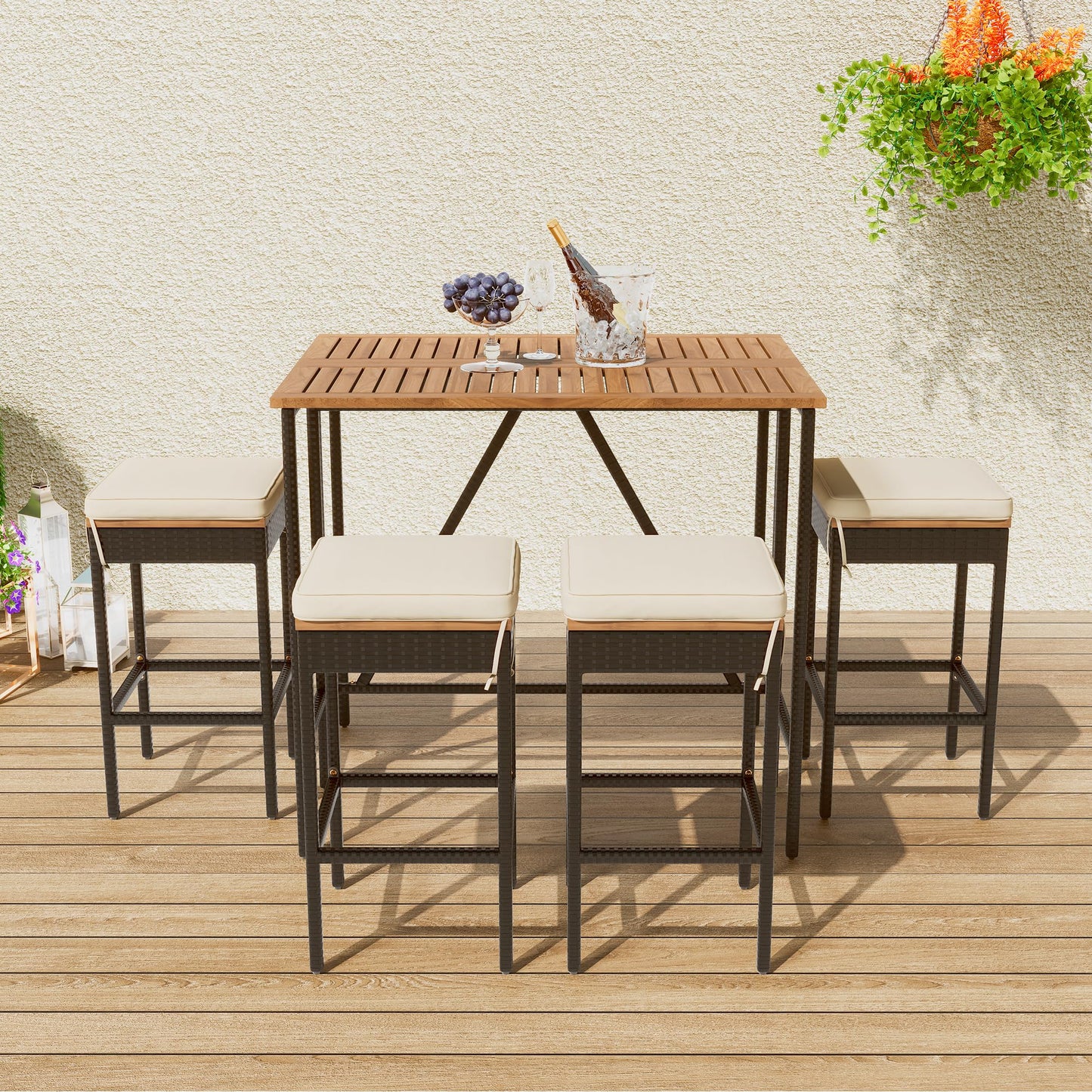 5-Piece VilroCaz Outdoor Acacia Wood & Wicker Counter Height Dining Set with Cushioned Stools - WoodArtSupply