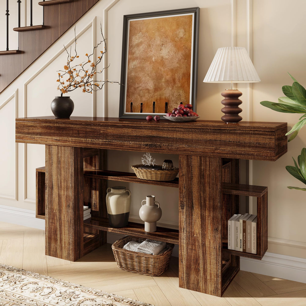 Einhomn 63 Inch Long Console Table for Entryway, Farmhouse Wooden Sofa Table Behind Couch with 3-Tier Storage Shelf, Narrow Entry Accent Table for Living Room, Hallway, Foyer, Rustic Brown Einhomn