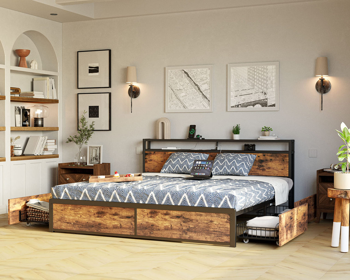 Stunning LIKIMIO King Bed Frame with Storage Drawer & Charging Headboard in Vintage Brown LIKIMIO