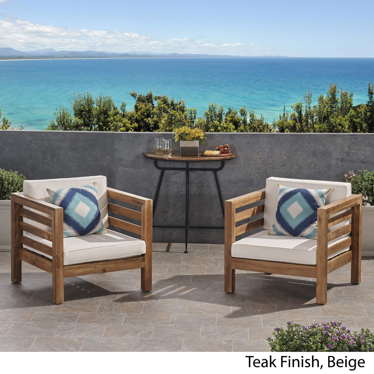 GDFStudio Louise Outdoor Acacia Wood Club Chairs with Cushions (Set of 2), Teak Finish and Beige GDFStudio