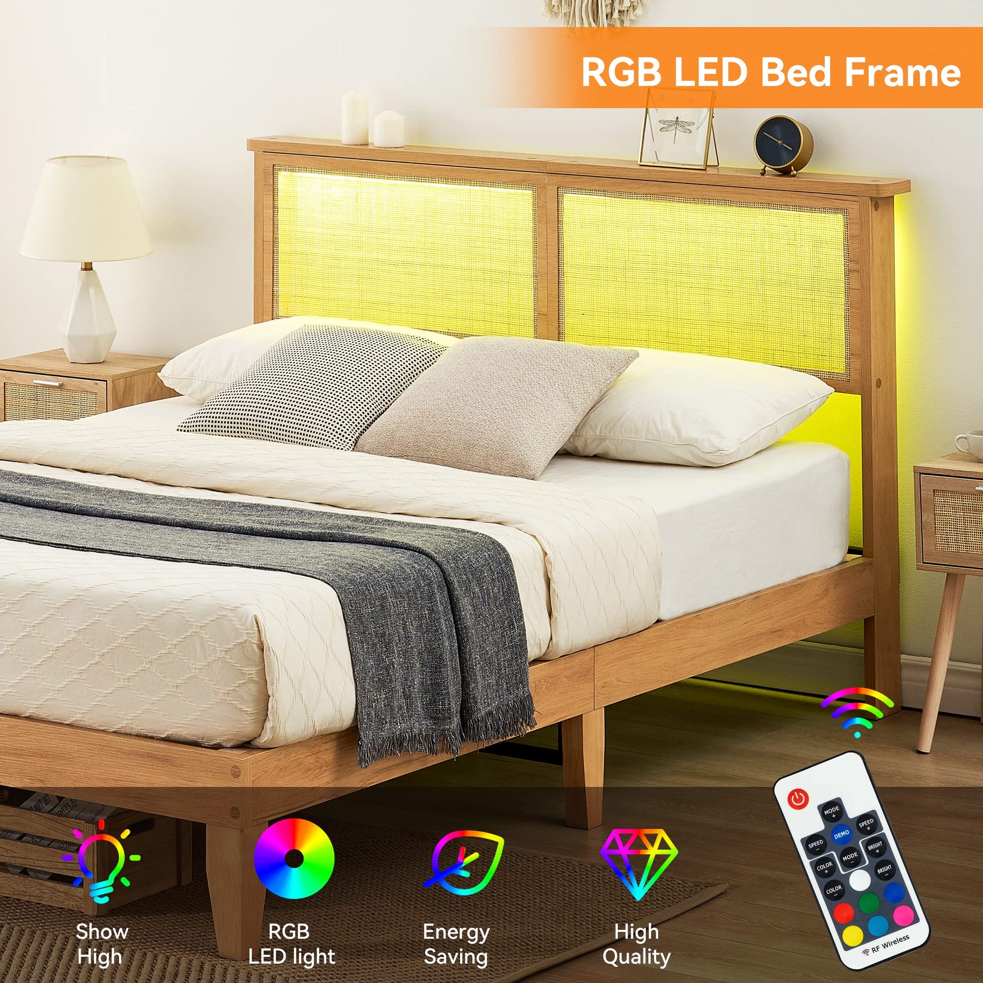 IDEALHOUSE Rattan Queen Bed Frame with LED Lights and Solid Wood Support - WoodArtSupply