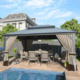 12' x 16' Hardtop Gazebo,Outdoor Galvanized Steel Metal Double Roof Gazebo with Curtains and Netting for Patios, Gardens, Lawns,Khaki Kullavik