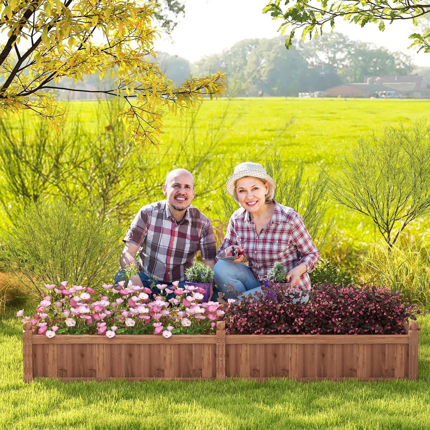 Giantex Wood Raised Garden Bed, Planting Bed with Corner Drainage, Non-Woven Liner for Growing Vegetables, Flowers, Herbs, Fruits, 91”x24”x16” Divisible Planter Box for Backyard, Garden, Lawn