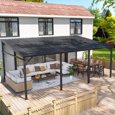 Yardenaler 12x20 FT Wall Mounted Gazebo with Triangle Structure, Hardtop Lean to Gazebo with Metal Slope Roof, Outdoor Pergola with Drainage Holes for Patio, Backyard, Deck Yardenaler