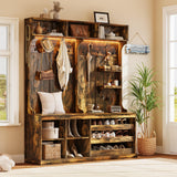 iPormis 70“ Large Hall Tree with Bench and Adjustable Storage Shelves, 6-in-1 Farmhouse Entryway Bench w/Coat Rack, Top Storage, Small Shelves for Entryway, Living Room, Led Lights, Rustic Brown iPormis