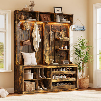 iPormis 70“ Large Hall Tree with Bench and Adjustable Storage Shelves, 6-in-1 Farmhouse Entryway Bench w/Coat Rack, Top Storage, Small Shelves for Entryway, Living Room, Led Lights, Rustic Brown