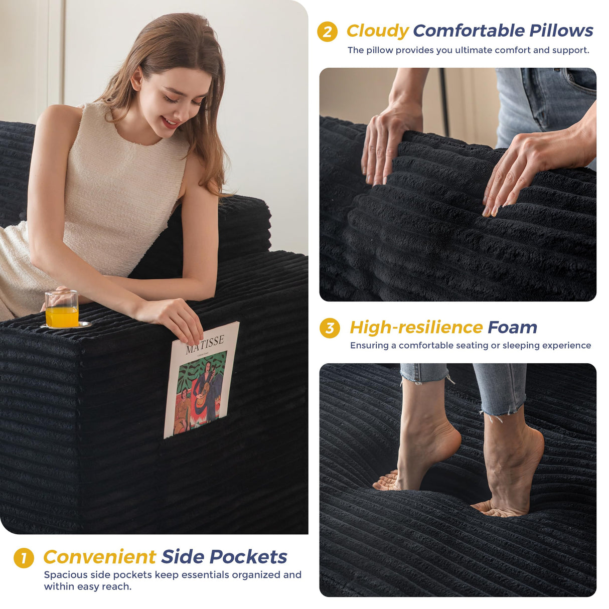 MAXYOYO 104" Modular Sectional Couch with L-Shape Chaise, Modern Boneless Couch for Living Room, Sofa in A Box, Oversized Sofa Sleeper with Deep Seat, No Assembly Required, Black MAXYOYO