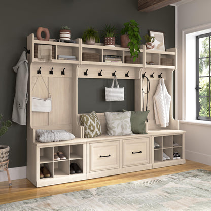 Bush Furniture Woodland Hall Tree and Small Shoe Bench with Drawer | Narrow Foyer, Mudroom, Entryway Storage, 24W, White Washed Maple - WoodArtSupply