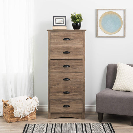 Prepac Salt Spring Rustic 6-Drawer Tall Dresser for Bedroom, Farmhouse Dresser Chest of Drawers 17.65" D x 23.25" W x 53" H, Drifted Gray, DDC-2354 Prepac