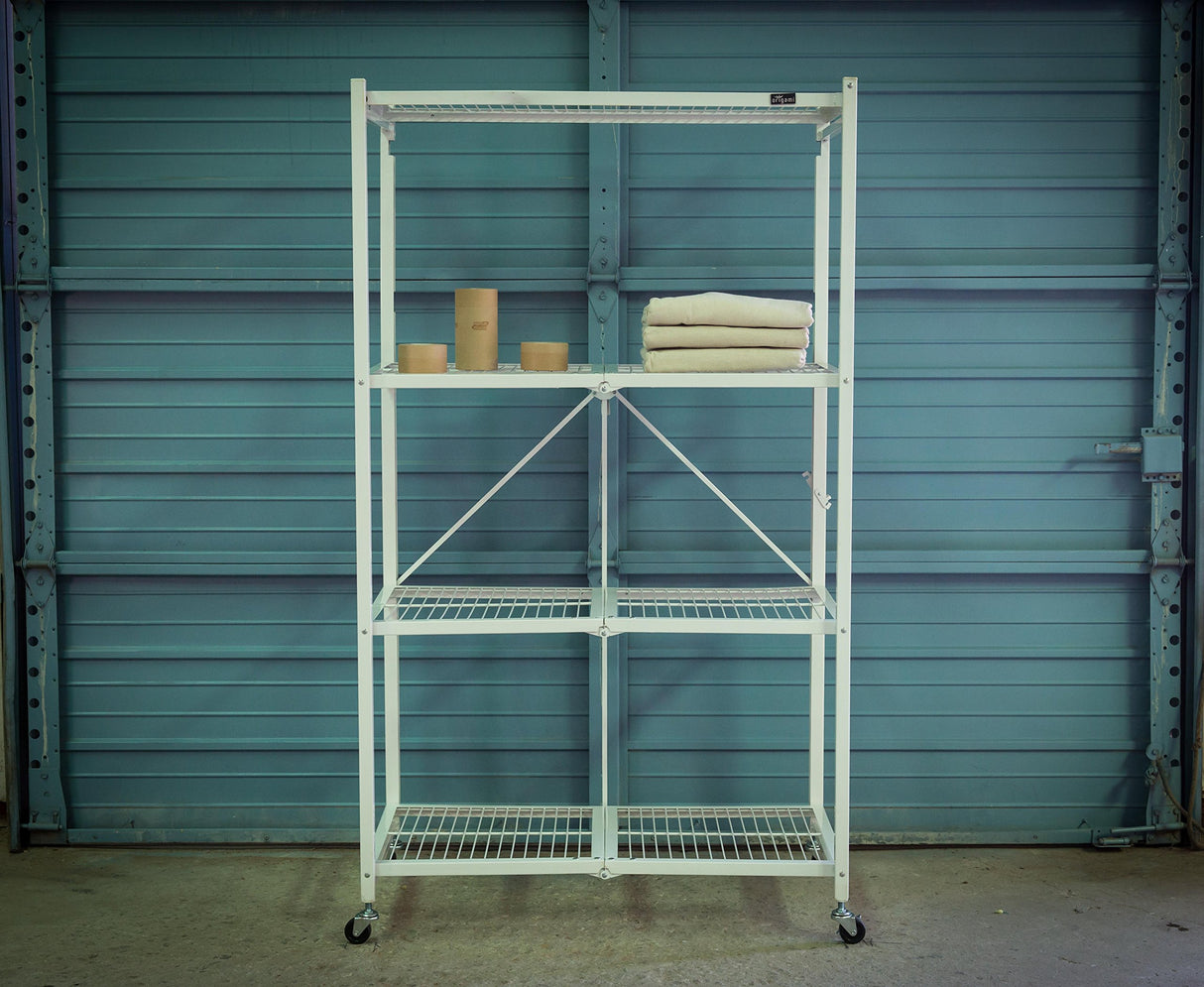 Origami 4 Tier Foldable Heavy Duty Metal Garage Storage Shelf Rack with Wheels and Powder Coated Steel for Organization in Home and Office, White Origami