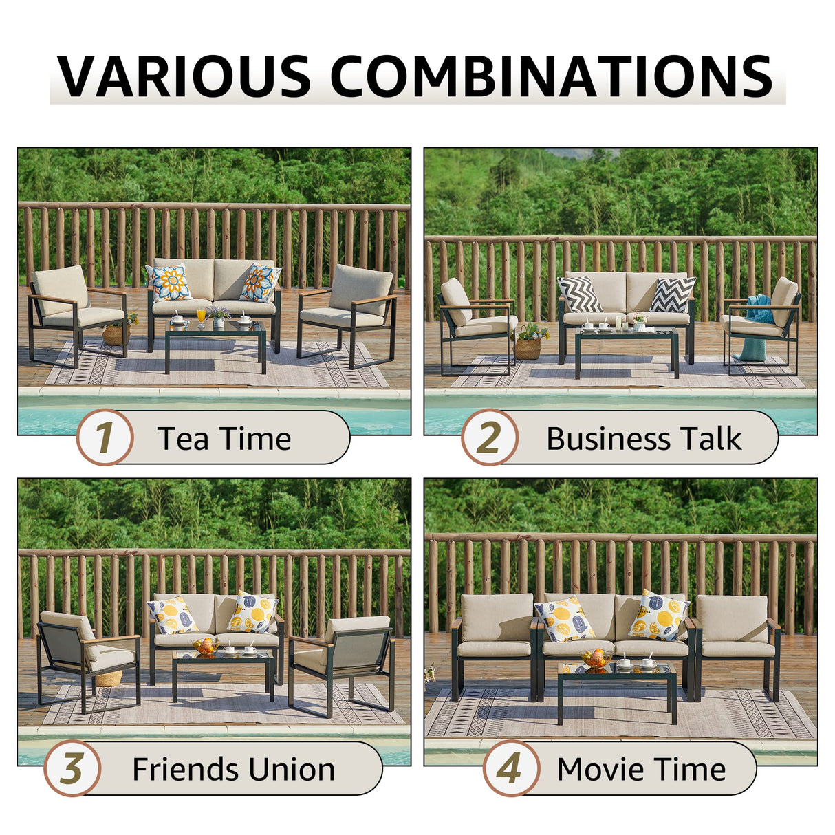 NATURAL EXPRESSIONS 4 Pieces Patio Furniture Sets,Metal Outdoor Patio Furniture Sets,Outdoor Sectional Furniture Patio Conversation Set,Wooden Anti-Scald Armrest,Sling Mesh,4" Olefin Cushions NATURAL EXPRESSIONS