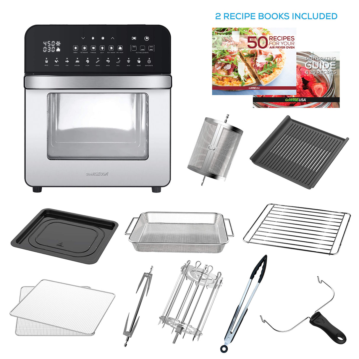 GoWISE USA 14.7-Quart Air Fryer Grill with Dual Heating Elements & Oven with Rotisserie, Dehydrator, Preheat and Broil Functions + 11 Accessories with 2 Recipe Books (Stainless Steel/Black), Ultimate GoWISE USA