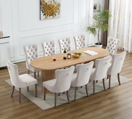 63"-94" Large Extendable Dining Room Table Set for 10, 11-Piece Oval Dining Table Set with 10 Beige Upholstered Chairs, Space Saving Farmhouse Expandable Kitchen Table Set with Fluted Wood Base Pvillez