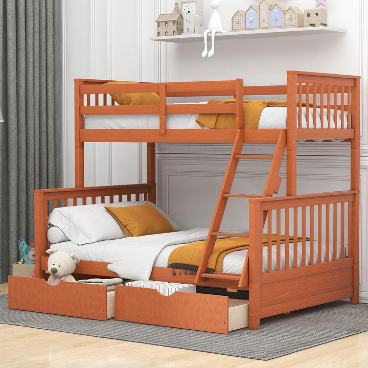 Merax Walnut Convertible Wood Bunk Bed Frame with Ladders and Storage Drawers - Twin Over Full Size