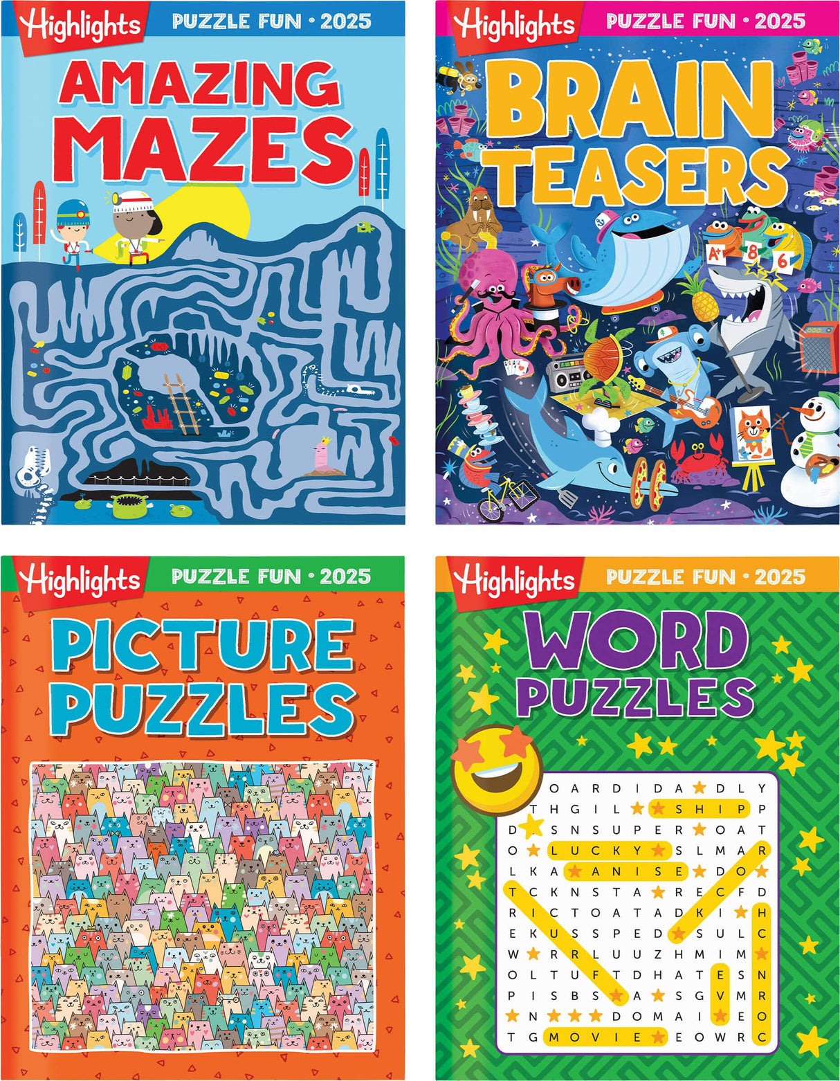 Highlights Puzzle Fun 2025 Puzzle Books for Kids Ages 6 and Up, 4-Book Set of Brain Teasers, Mazes, Word Puzzles and More Travel-Friendly Screen Free Kids Puzzles Highlights for Children