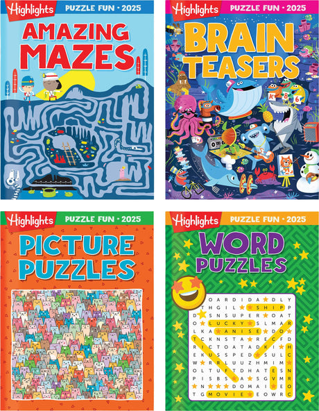 Highlights Puzzle Fun 2025 Puzzle Books for Kids Ages 6 and Up, 4-Book Set of Brain Teasers, Mazes, Word Puzzles and More Travel-Friendly Screen Free Kids Puzzles Highlights for Children