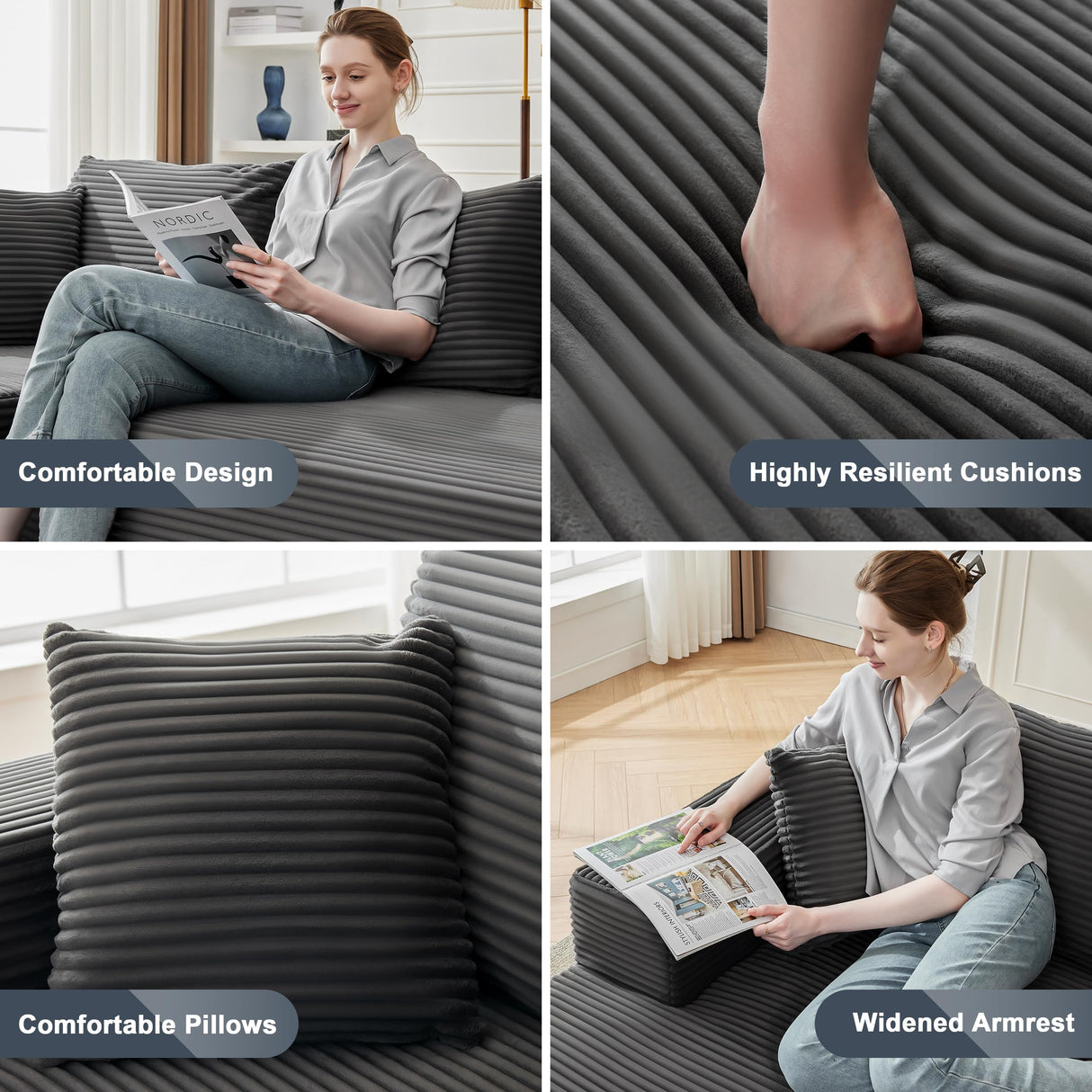 MANGODAN 110” Cloud Sectional Couch, Boneless Sofa for Living Room, Modular Sectional Sofa with Deep Seat, Comfy Fluffy Couch with L-Shaped Chaise, No Assembly Required (Left-Facing Chaise, Dark Grey) Mangodan