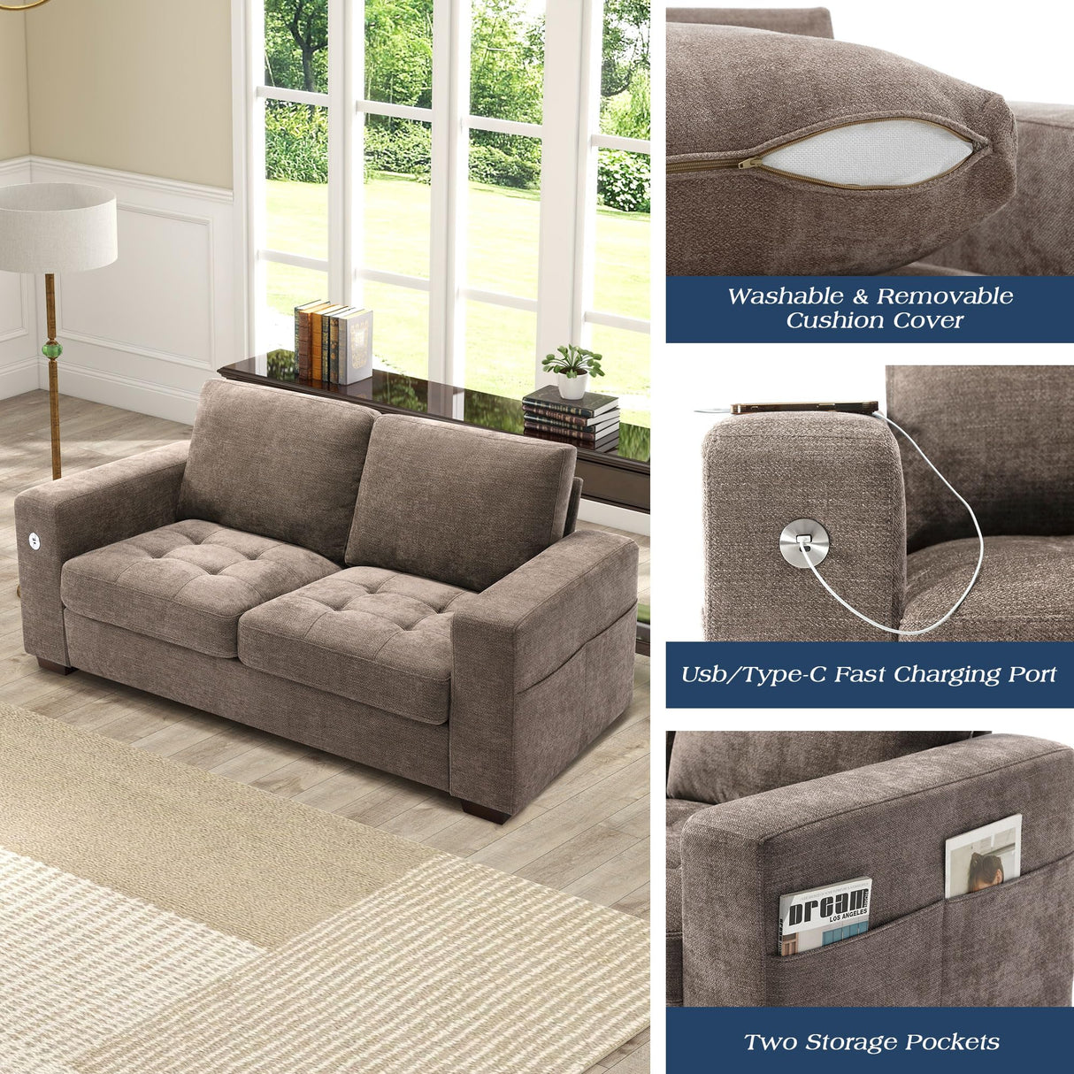 WorthFurni 70 Inch Sofa Couch, Modern Loveseat Couch with Removable Covers and USB Ports, Large Chenille Comfy Sofa for Living Room, Oversized Loveseat Sofa for Apartment(Brown) WorthFurni