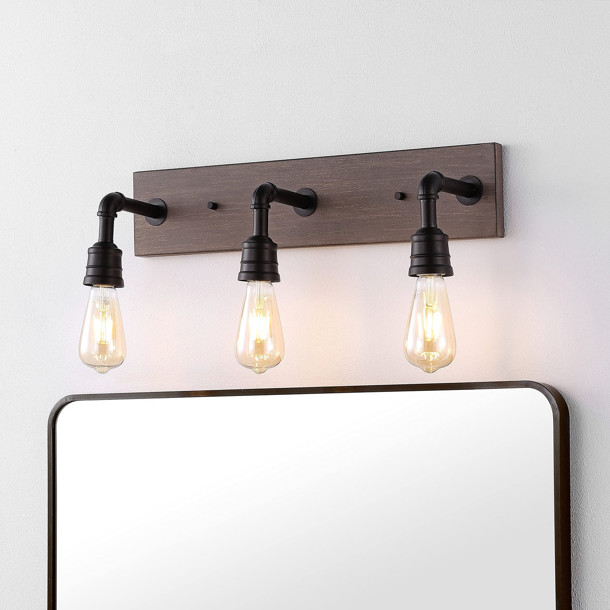 JONATHAN Y JYL1325A Corbett 22.13" 3-Light Rustic Farmhouse Iron LED Vanity Bohemian Industrial Bathroom Hallway Living Room Bedroom Mirror Cabinet, Oil Rubbed Bronze/Brown Wood Finish JONATHAN Y