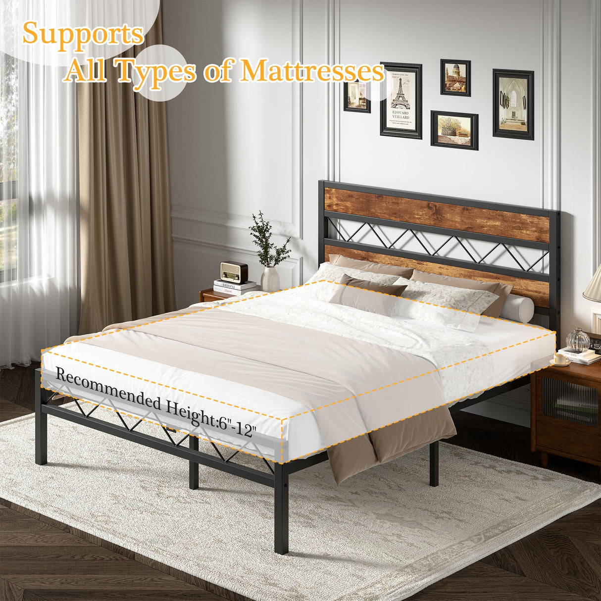 VECELO Full Size Bed Frame with Headboard, Heavy-Duty Platform Bedframe with Metal Slats Support, No Box Spring Needed, Easy Assembly, Black & Brown VECELO