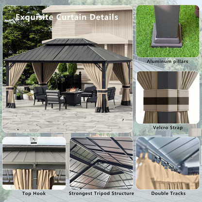 ASJMR 12x16ft Hardtop Gazebo Double Roof, Outdoor Pavilion with 2-Layer Hard top Galvanized Iron Frame Garden Tent, Suitable for courtyards, backyards, Decks, and Grass