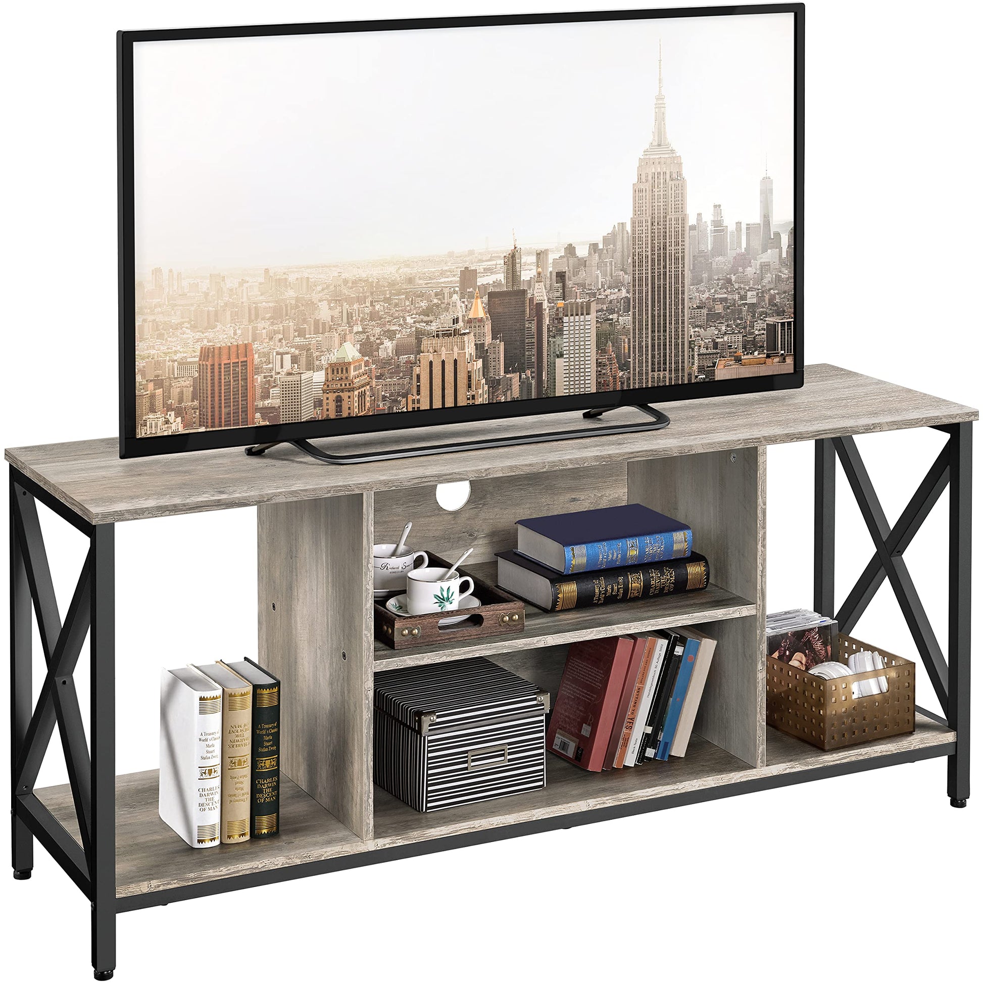 Yaheetech TV Stand for 65 inch TV Console Table with Storage Shelves Cabinet, 55" Wood Entertainment Center for Living Room, Industrial Modern Style TV Cabinet for Flat Screens, Gray - WoodArtSupply