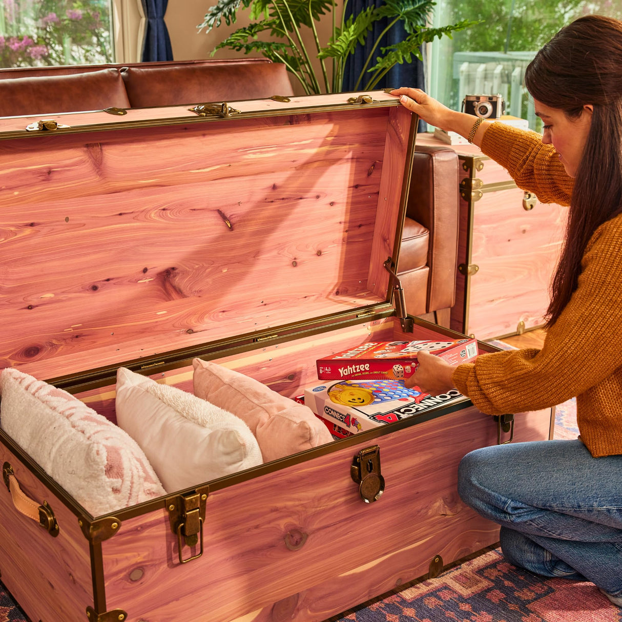 Rhino Trunk & Case Knotty Cedar Chest with Antique Brass Hardware – 32"x18"x14" Large Storage Box, Coffee Table, End of Bed Trunk or Entryway Storage Bench Furniture – USA-Made, Heirloom Aesthetic Rhino Trunk & Case
