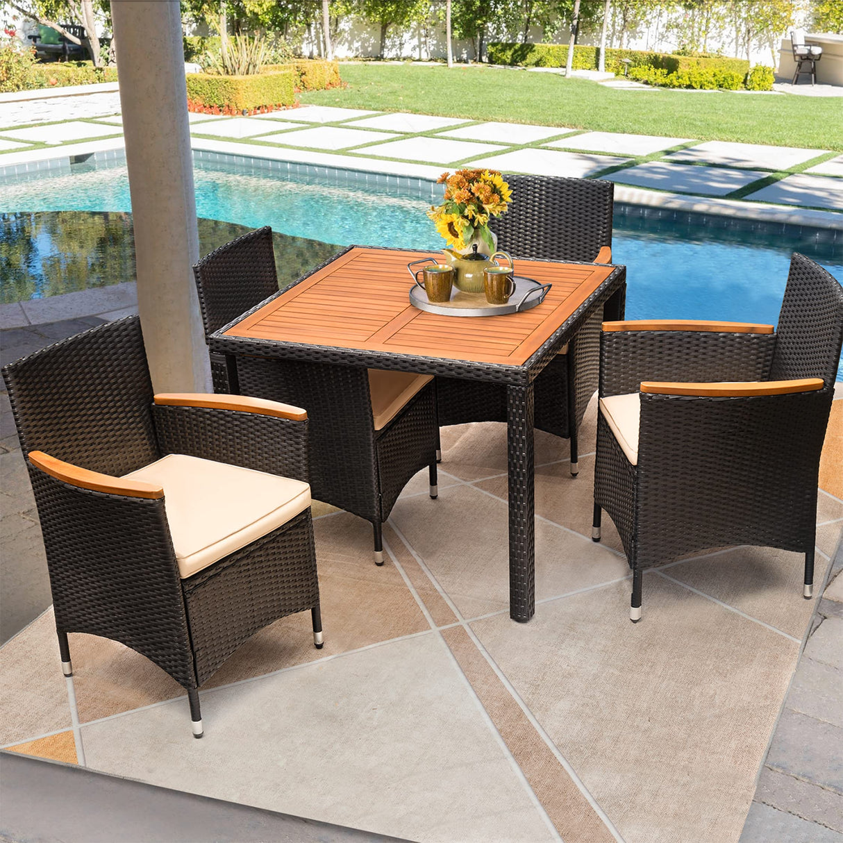 Flamaker 5 Piece Patio Dining Set Outdoor Acacia Wood Table and Chairs with Soft Cushions Wicker Patio Furniture for Deck, Backyard, Garden Flamaker
