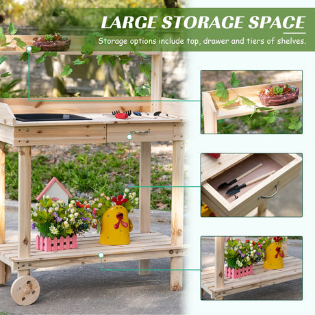 Outsunny 36'' Wooden Potting Bench Work Table with 2 Removable Wheels, Sink, Drawer & Large Storage Spaces, Natural Outsunny