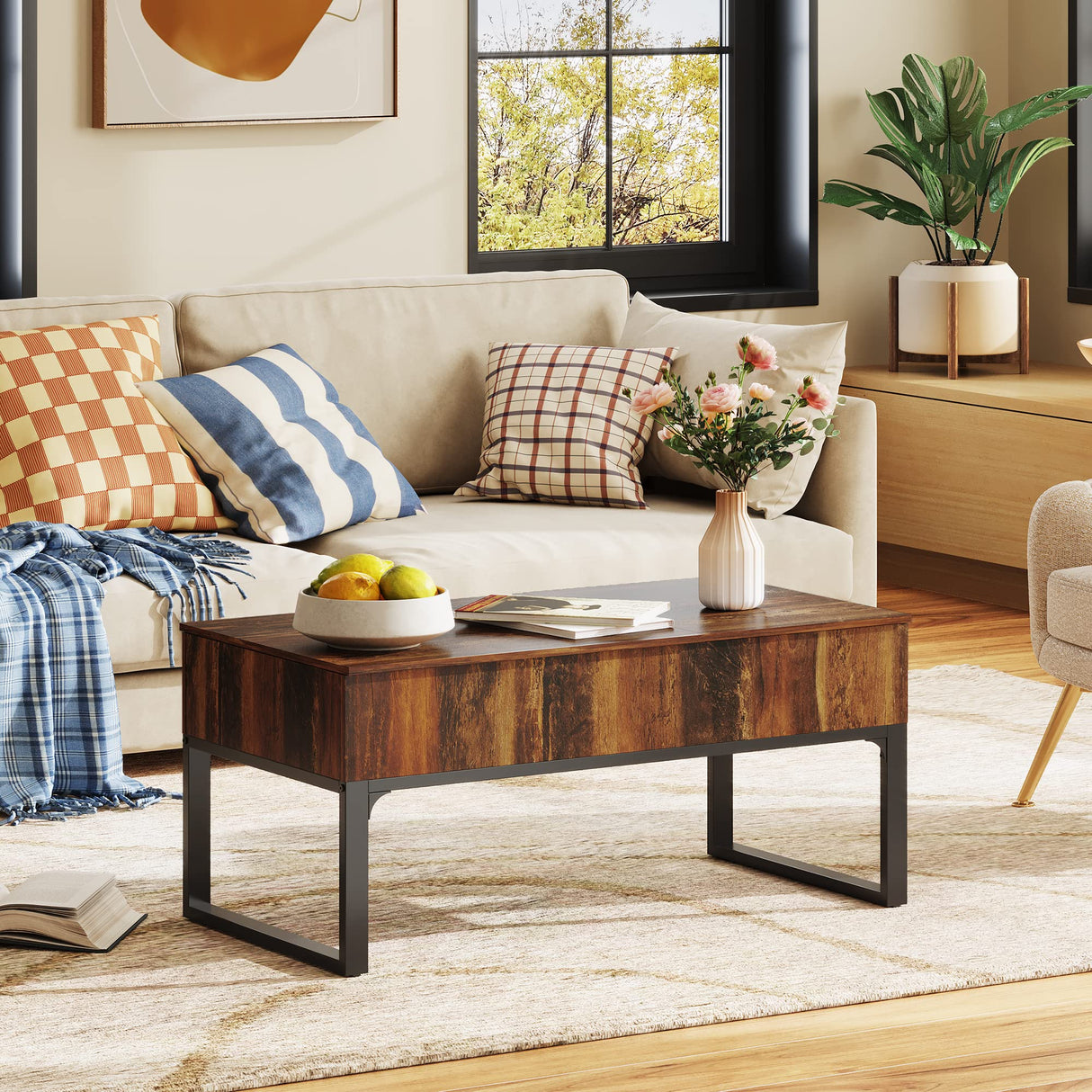 WLIVE Lift Top Coffee Table with Storage, 40.9" Coffee Table with Lifting Top & Sliding Top, Wood Modern Center Table with 2 Hidden Compartment for Living Room, Retro Brown WLIVE