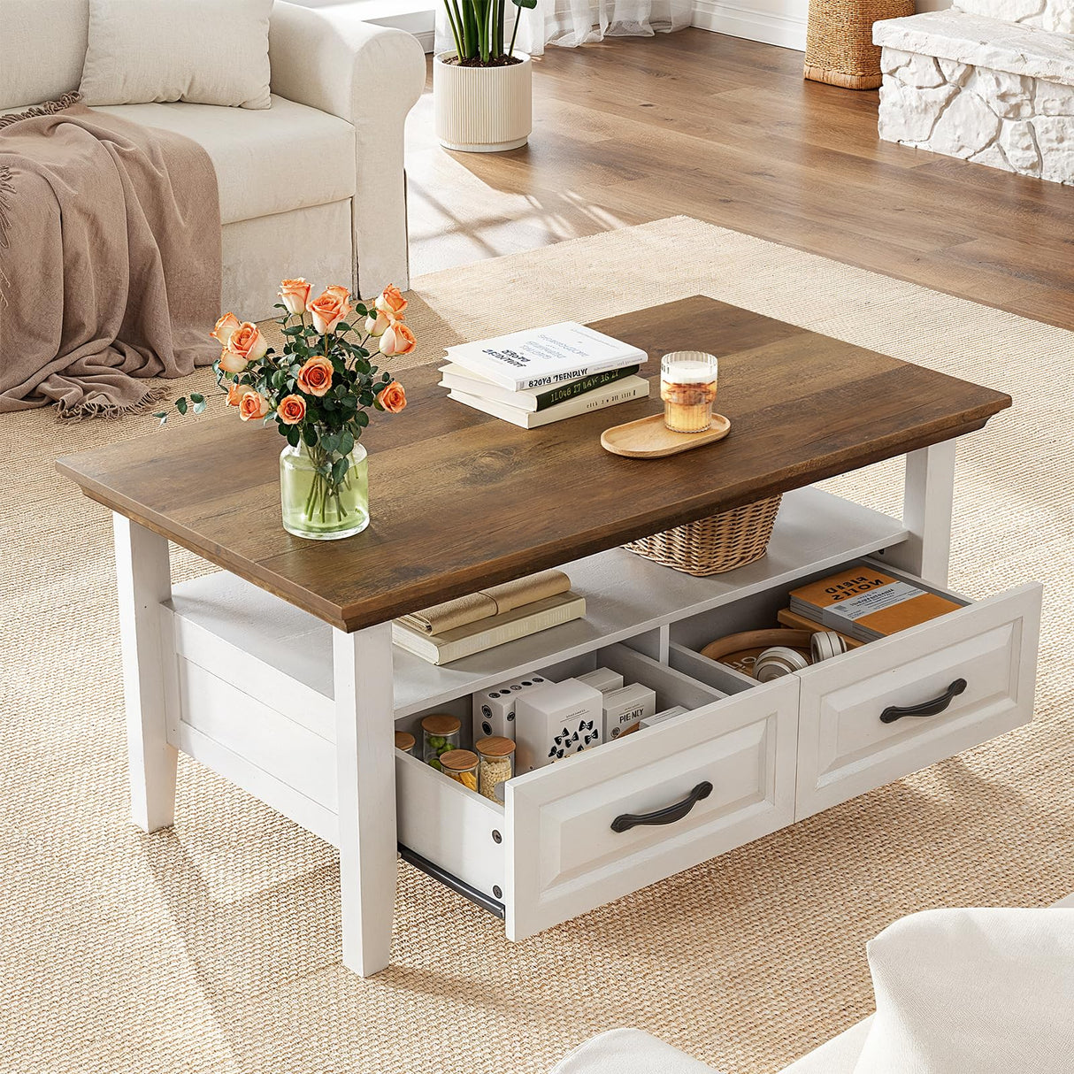 Marsail Farmhouse Coffee Table with Storage, 39.4" Wood Coffee Table for Living Room, Rustic Center Table with 2 Drawers, Open Display Area, Brown&White Marsail
