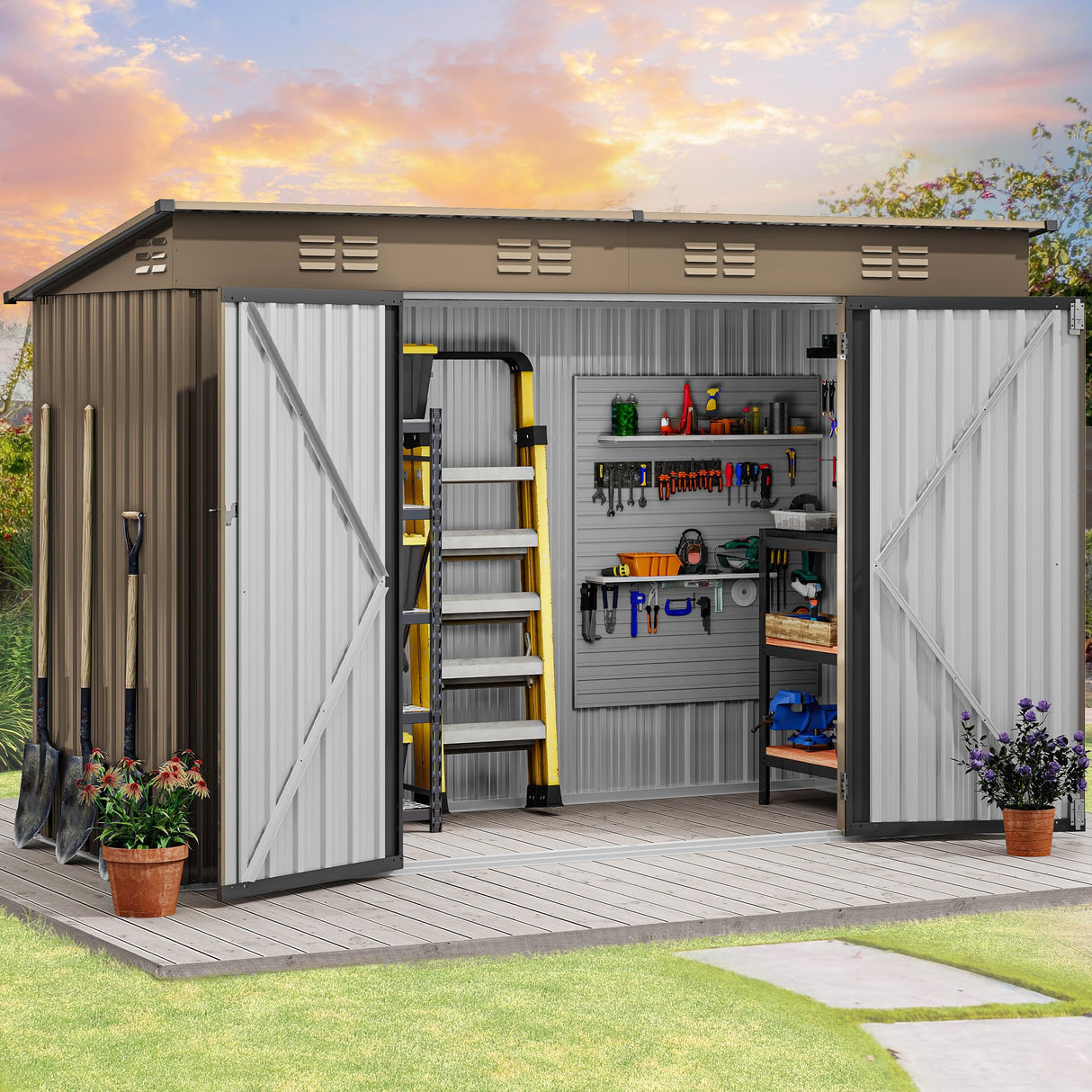 DWVO 9.1x4.2ft Large Outdoor Storage Shed, Metal Tool Sheds, Heavy Duty Tool Storage with Lockable Doors & Air Vent for Backyard Patio Lawn to Store Bikes, Tools, Lawnmowers,Brown DWVO