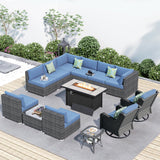 HOOOWOOO Outdoor Patio Furniture with Fire Pit Set 13 Pieces Patio Set with Fire Pit Wicker Outdoor Furniture with Fire Pit Table Set Patio Sectional Set with Swivel Chairs,Denim Blue HOOOWOOO