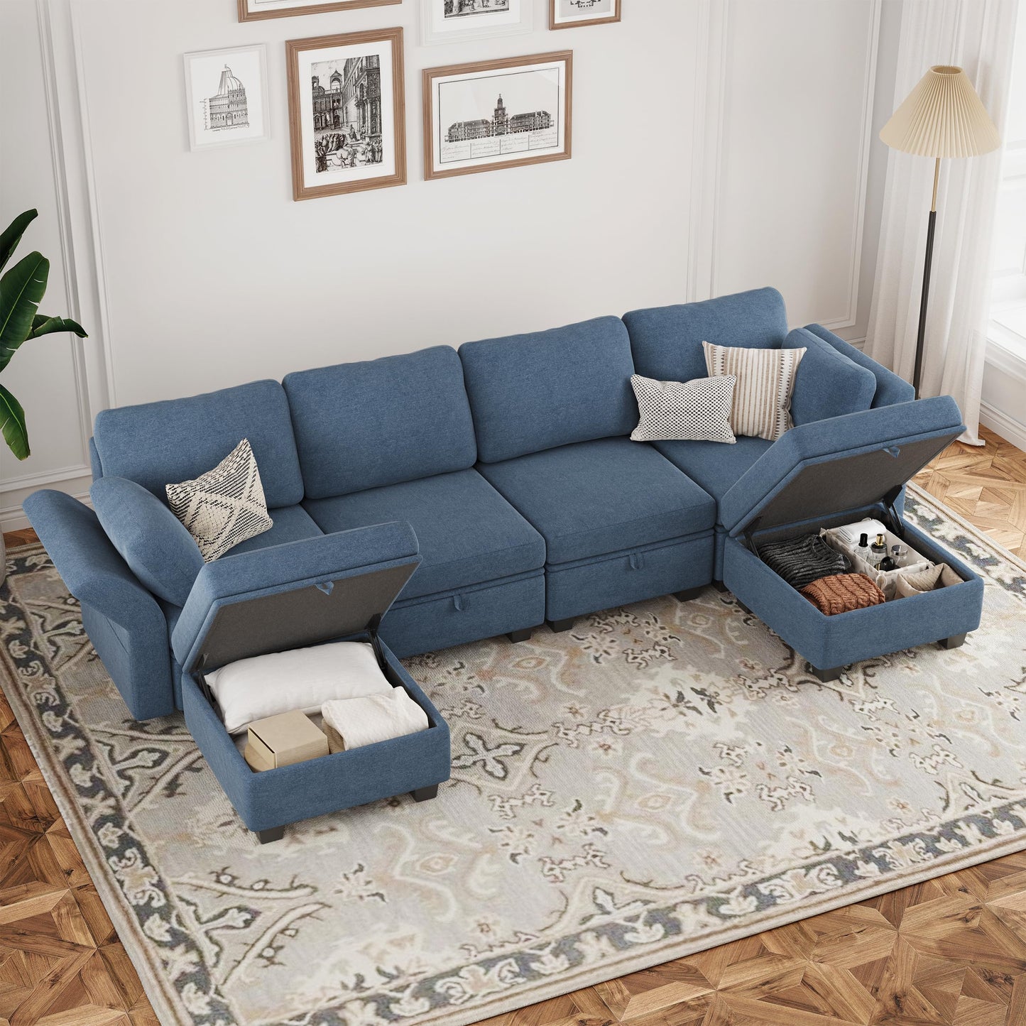 SOMEET Modular Sectional Sofa Couch with Storage, U Shaped Sectional Couches for Living Room with Chaise, 6 Seats Convertible Modular Sofa Couch High Supportive with Adjustable Backrest 112", Blue