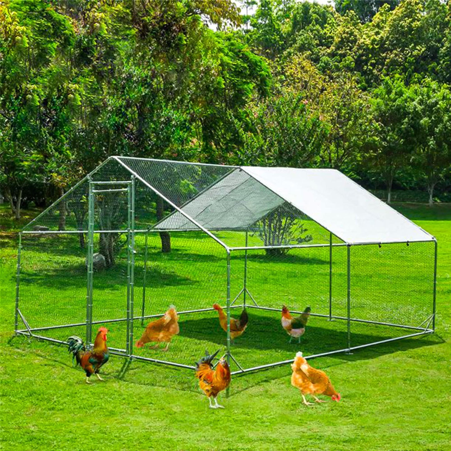 Outdoor Metal Chicken Coop Large Walk-in Poultry Cage Spire-Shaped Chicken Run with Waterproof and Anti-Ultraviolet Cover for Outside,Backyard and Farm,13' L x 9.8' W x 6.4' H - WoodArtSupply