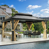 DWVO 12x16ft Hardtop Gazebo Double Roof with Nettings and Curtains, Heavy Duty Galvanized Steel Outdoor Vertical Stripes Roof for Patio, Backyard, Deck, Lawns, Brown DWVO