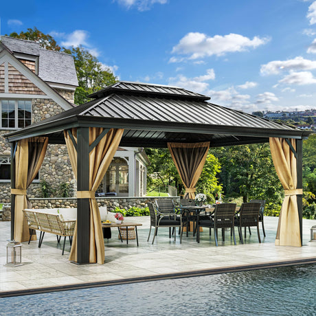 DWVO 12x16ft Hardtop Gazebo Double Roof with Nettings and Curtains, Heavy Duty Galvanized Steel Outdoor Vertical Stripes Roof for Patio, Backyard, Deck, Lawns, Brown DWVO