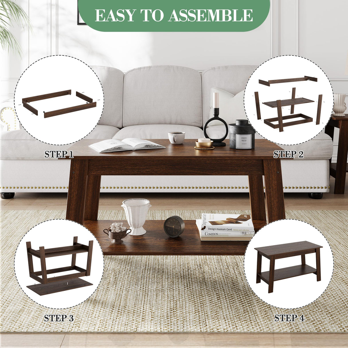 31.49" Coffee Table, 2-Tier Small Living Room Table, Rustic Modern Farmhouse Wood for Living Room, Bedroom, Walnut, Easy Assembly Elementool