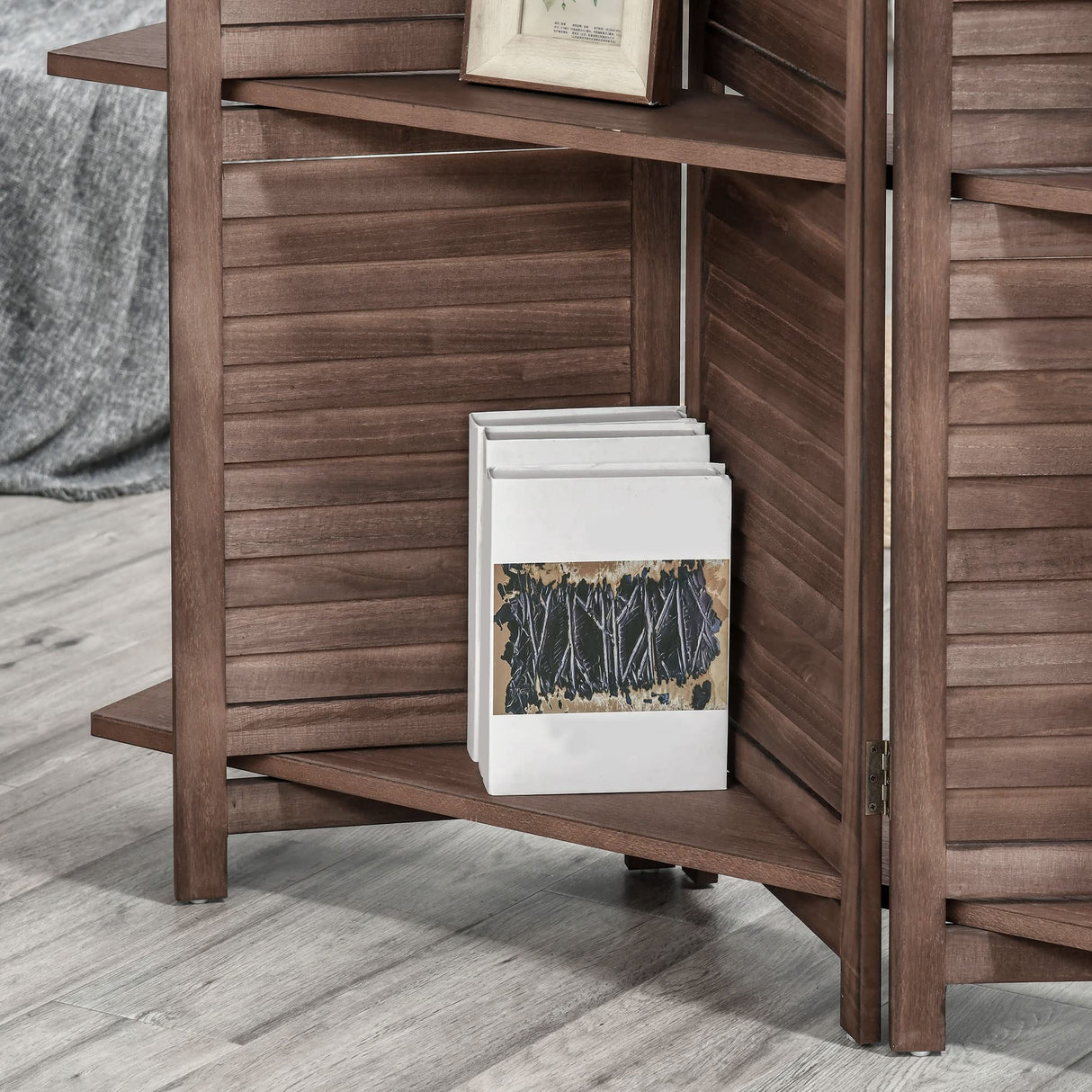 HOMCOM Room Divider, 4 Panel 67" Tall Wood Privacy Screen with 3 Display Shelves, and Folding Storage for Bedroom or Home Office, Walnut HOMCOM