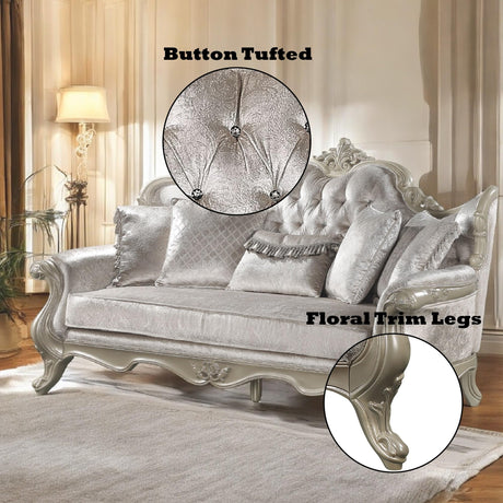Acme Libertee Upholstered Sofa with 5 Pillows in Beige and Champagne Acme