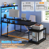 EnHomee L Shaped Gaming Desk with LED 55" Gaming Desk with Power Outlets Reversible L Shaped Desk with Long Monitor Stand & Storage Shelf,Cool Black Desk for Gaming Room,Home Office,Dorm,Black EnHomee