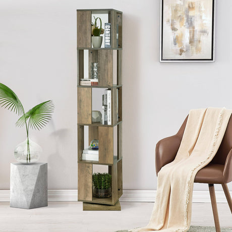 Vintage 5-Tier Rotating Bookcase in Washed Tan - Industrial Wooden Display Shelf for Home & Office ICE ARMOR