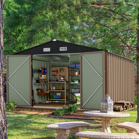 Devoko 10 x 10 FT Outdoor Storage Shed, Metal Garden Sheds & Outdoor Storage Clearance, Large Tool Shed Outdoor with Single Lockable Door for Patio Lawn Backyard (Brown) Devoko