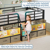BYSAUD Twin Loft Bed, Low Loft Bed Twin with 5 Drawers, 6 Storage Bookcase & Under-Bed Play Space, Loft Beds for Kids with LED Lights & Charging Station, 15.8" H Safety Guardrails, Oak Gray BYSAUD
